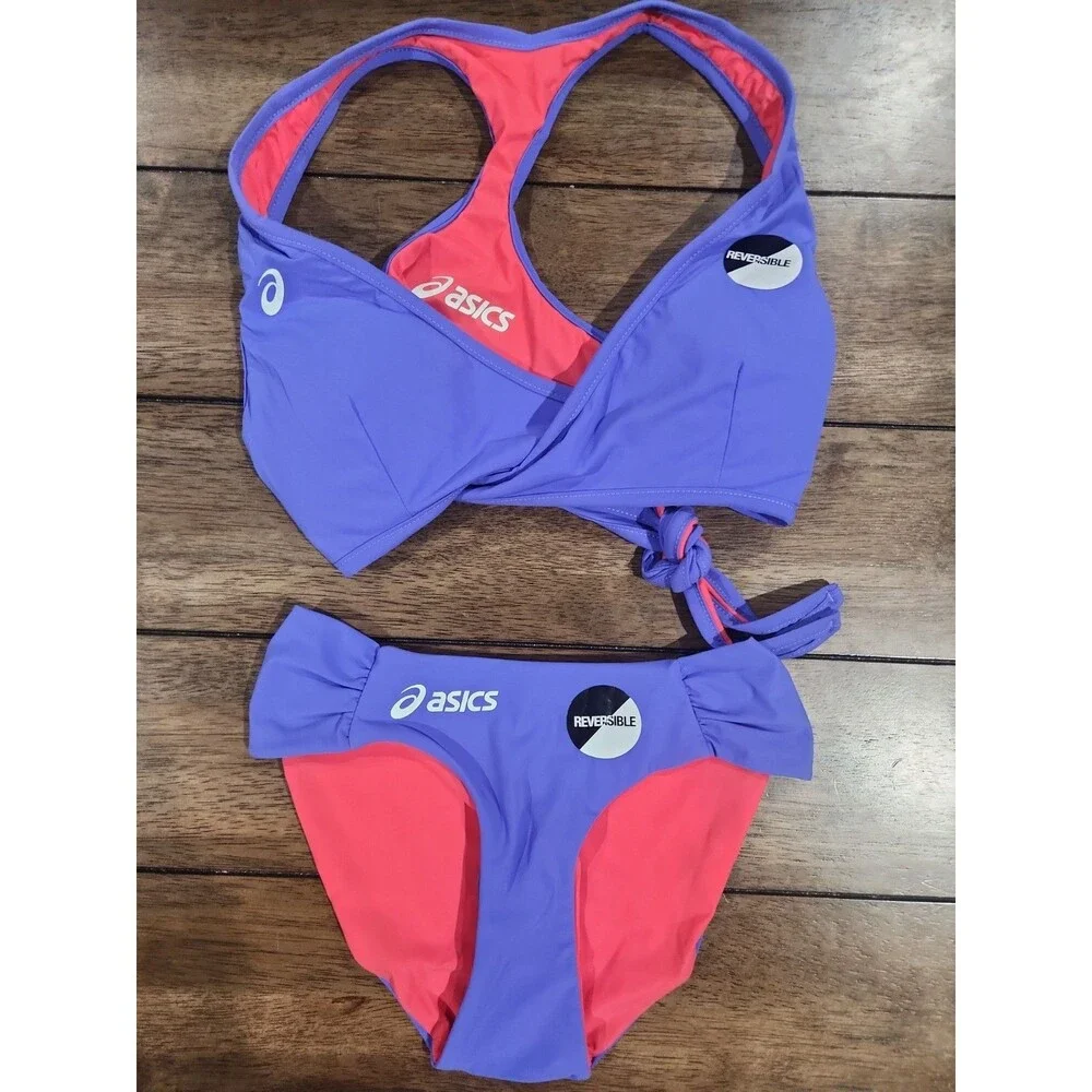 NEW Asics Keli Reversible Bikini Top & Bottom Sz S Beach Volleyball Purple Coral